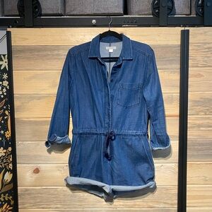 Outerknown Wander Romper washed indigo L shorts long sleeve fall festival spring